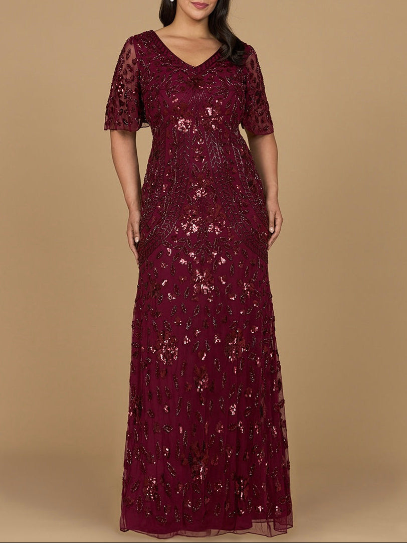 V-Neck, Cape Sleeve Beaded Gown - JUSTLUXURY