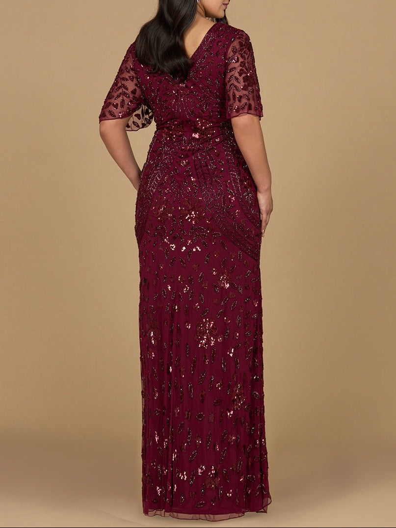 V-Neck, Cape Sleeve Beaded Gown - JUSTLUXURY