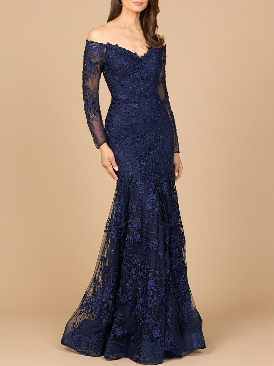 Off Shoulder Long Sleeve Mermaid Gown - JUSTLUXURY