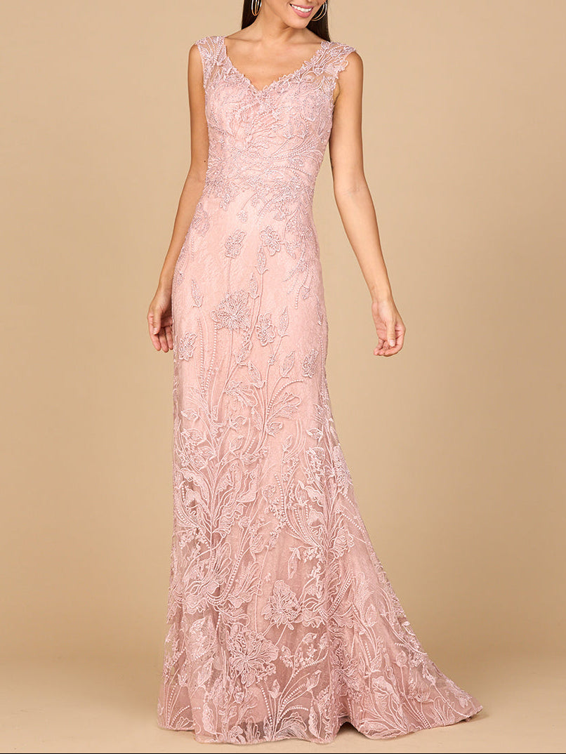 Overskirt Lace Fitted V-Neck Gown - JUSTLUXURY