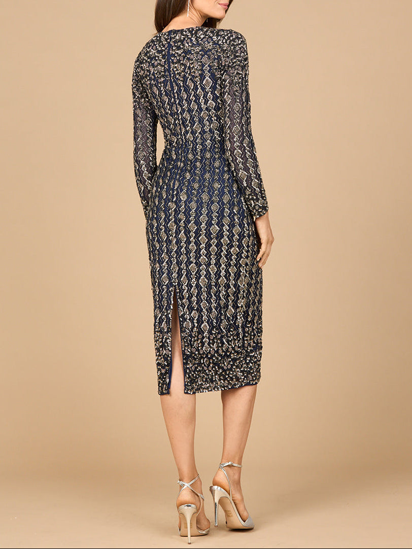 Beaded Midi Dress with Long Sleeves - JUSTLUXURY