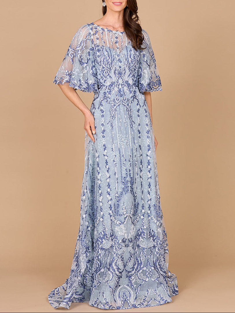 Embroidered, Cape Sleeve A-line Gown - JUSTLUXURY