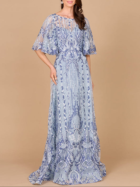 Embroidered, Cape Sleeve A-line Gown - JUSTLUXURY