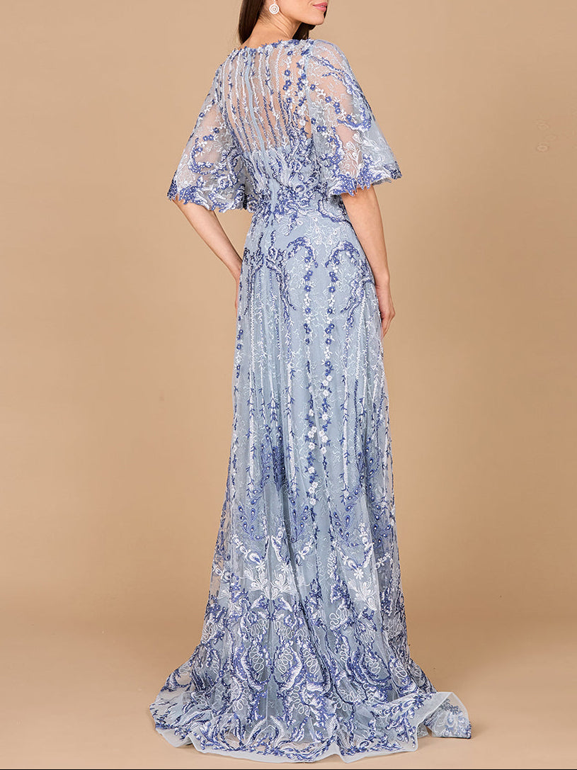 Embroidered, Cape Sleeve A-line Gown - JUSTLUXURY