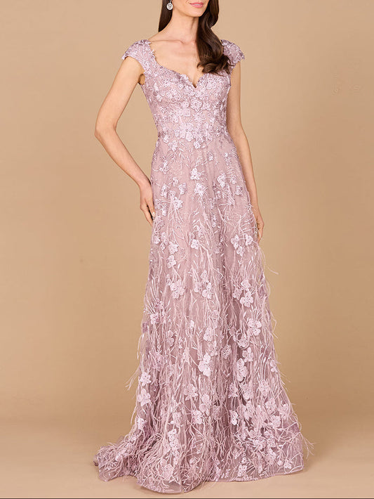 Cap Sleeves, A-line Dress with Feathers - JUSTLUXURY