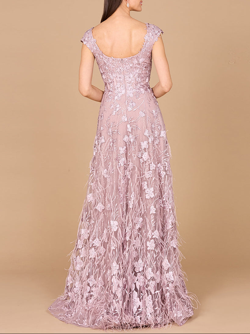 Cap Sleeves, A-line Dress with Feathers - JUSTLUXURY