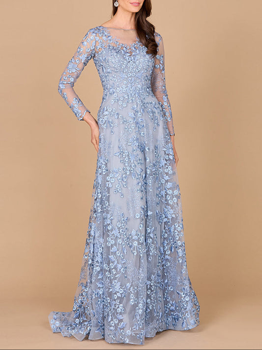 Illusion Neckline, Long Sleeves Gown - JUSTLUXURY