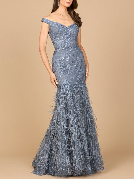 Off Shoulder Mermaid Beaded Gown with Feathers - JUSTLUXURY