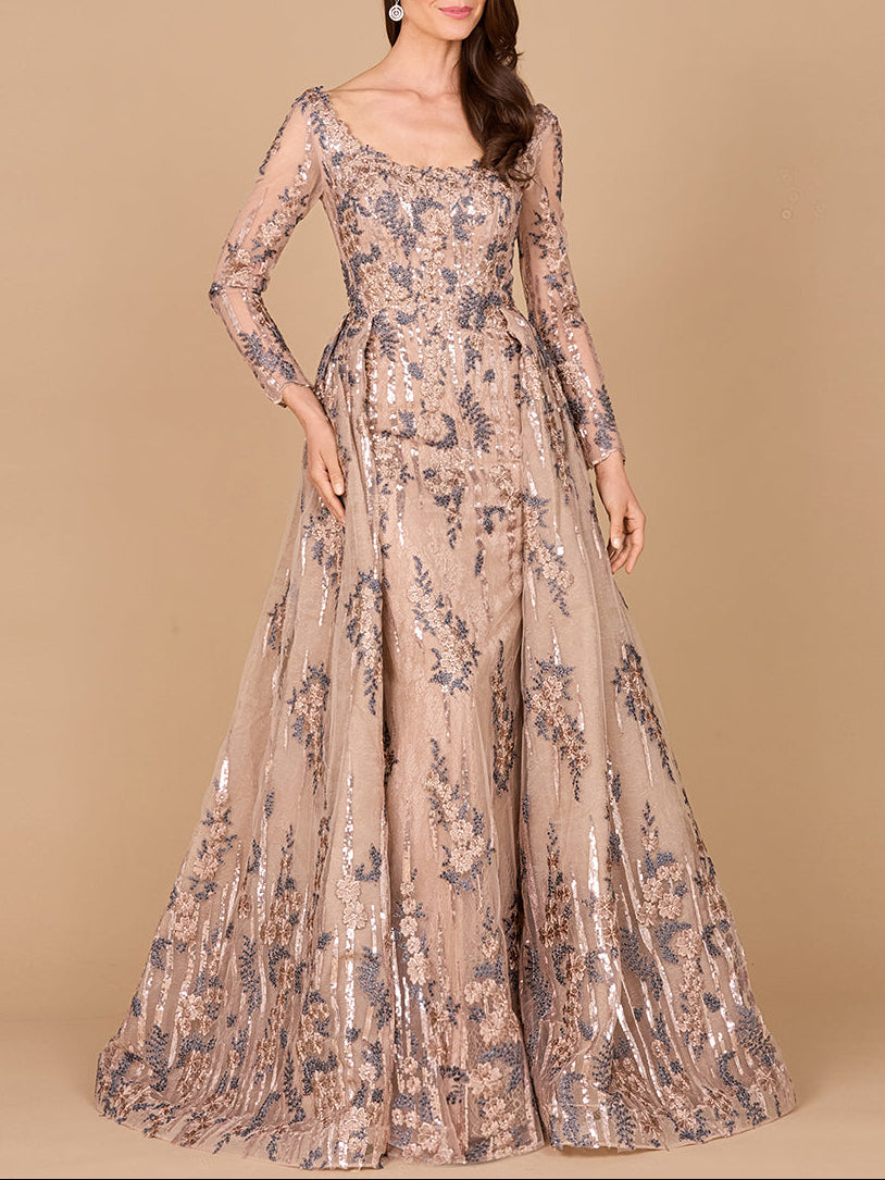 Long Sleeve Scoop Neck Lace Gown with Overskirt - JUSTLUXURY