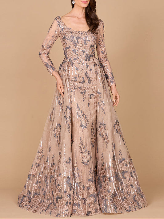 Long Sleeve Scoop Neck Lace Gown with Overskirt - JUSTLUXURY