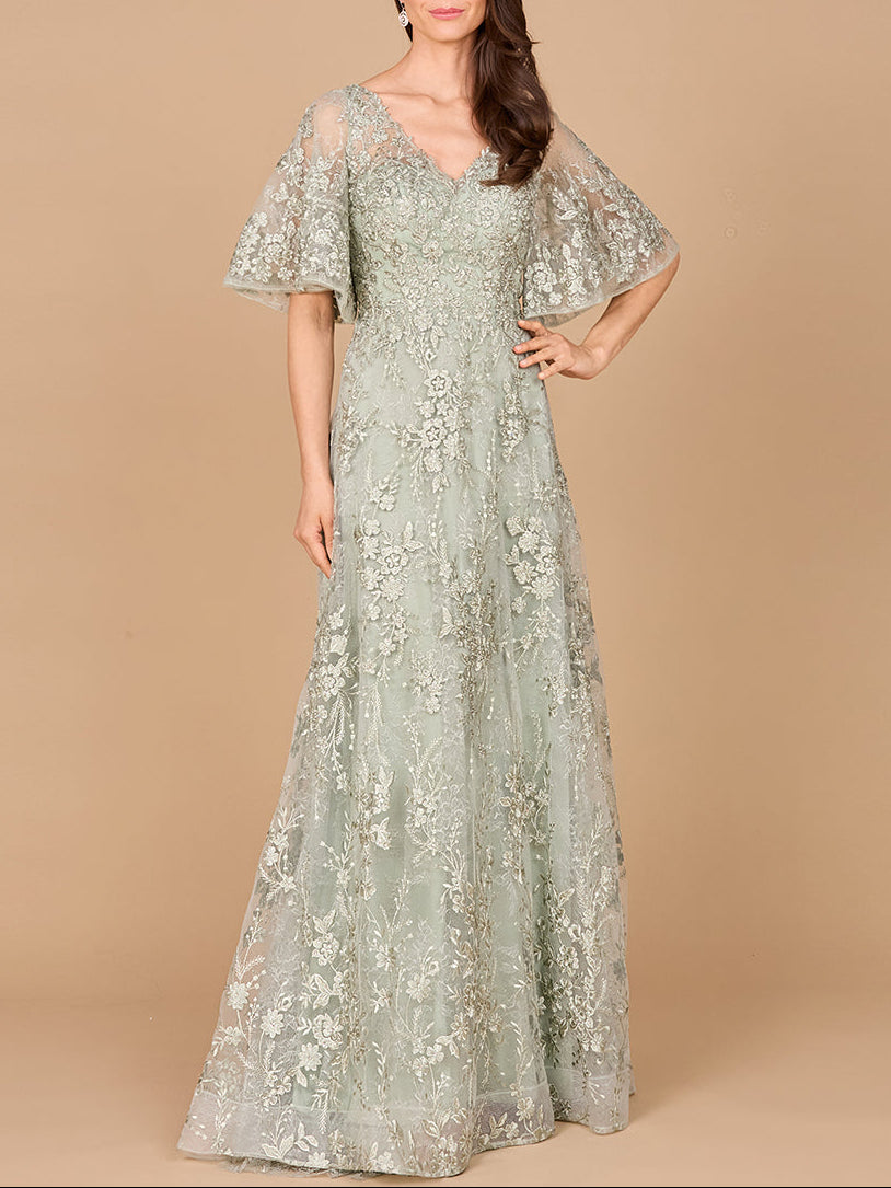 V-neck, Cape Sleeve Gown - JUSTLUXURY