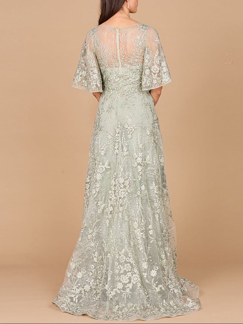 V-neck, Cape Sleeve Gown - JUSTLUXURY