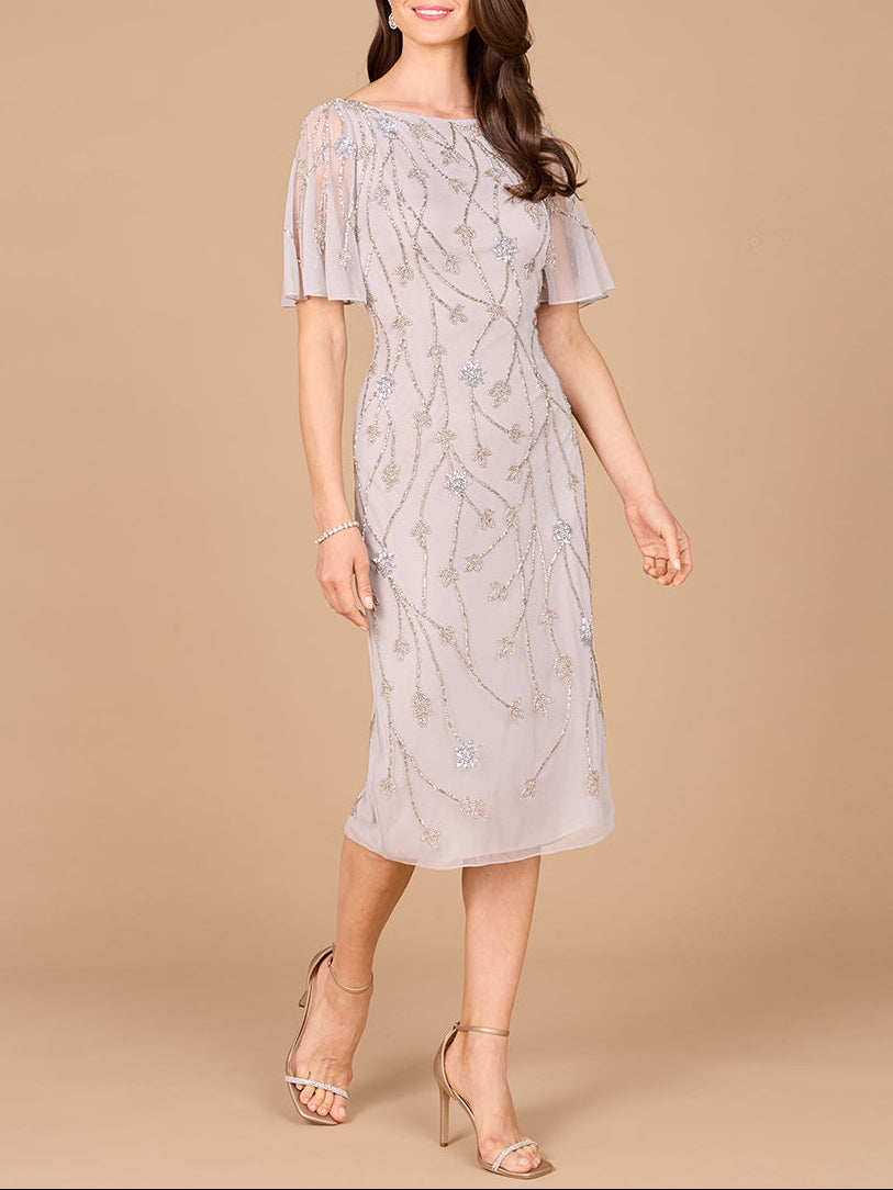 Beaded Midi Dress with Cape Sleeves - JUSTLUXURY