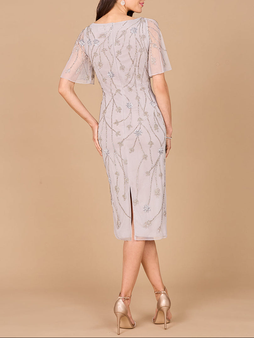 Beaded Midi Dress with Cape Sleeves - JUSTLUXURY
