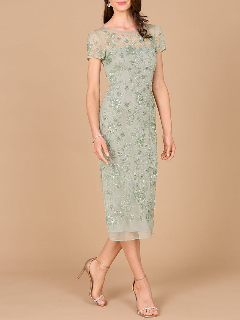 Beaded Midi Dress with Cap Sleeves - JUSTLUXURY