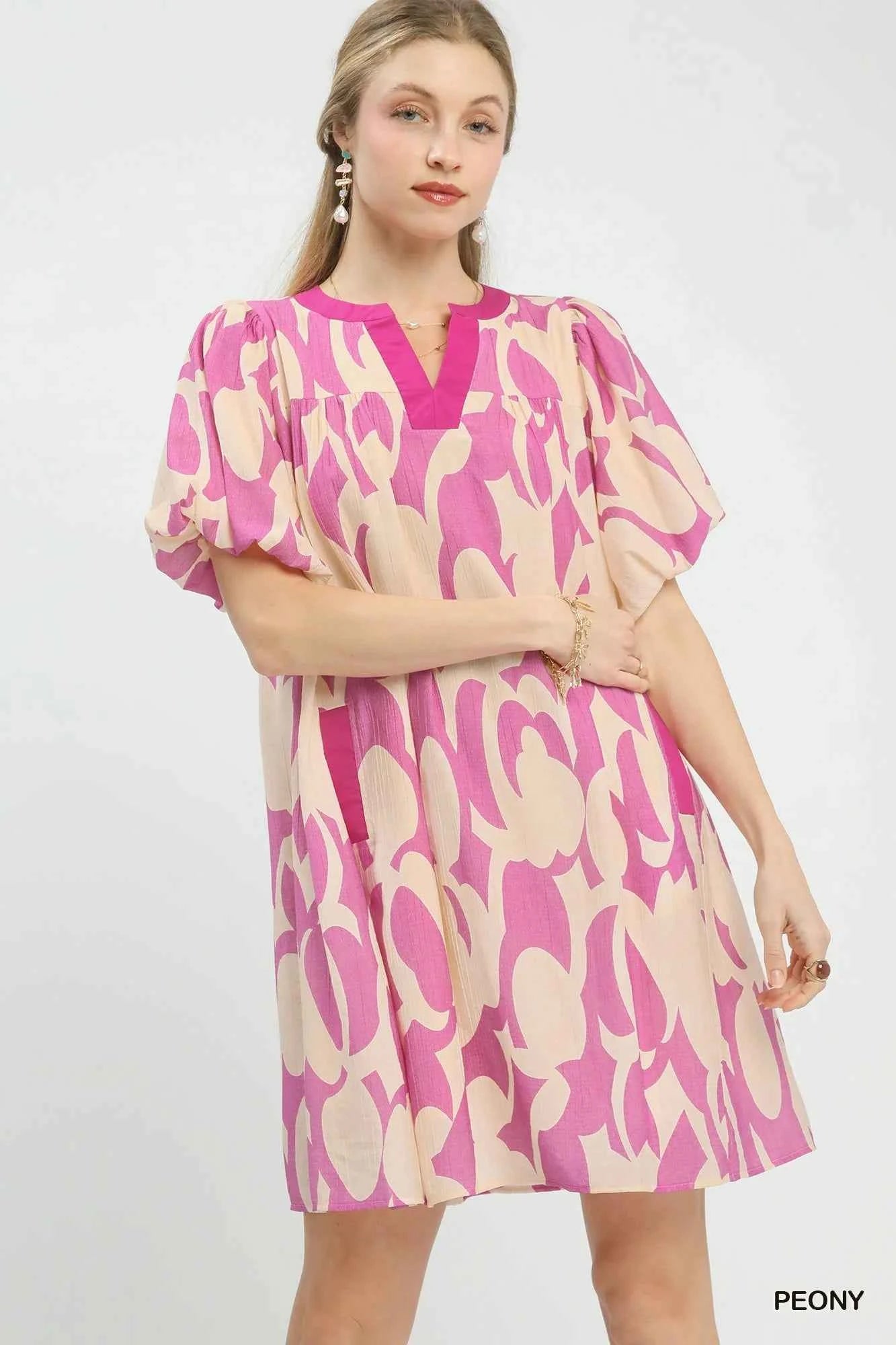 Umgee Abstract Print Puff Sleeve Shift Dress