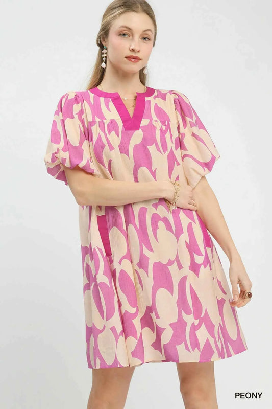 Umgee Abstract Print Puff Sleeve Shift Dress