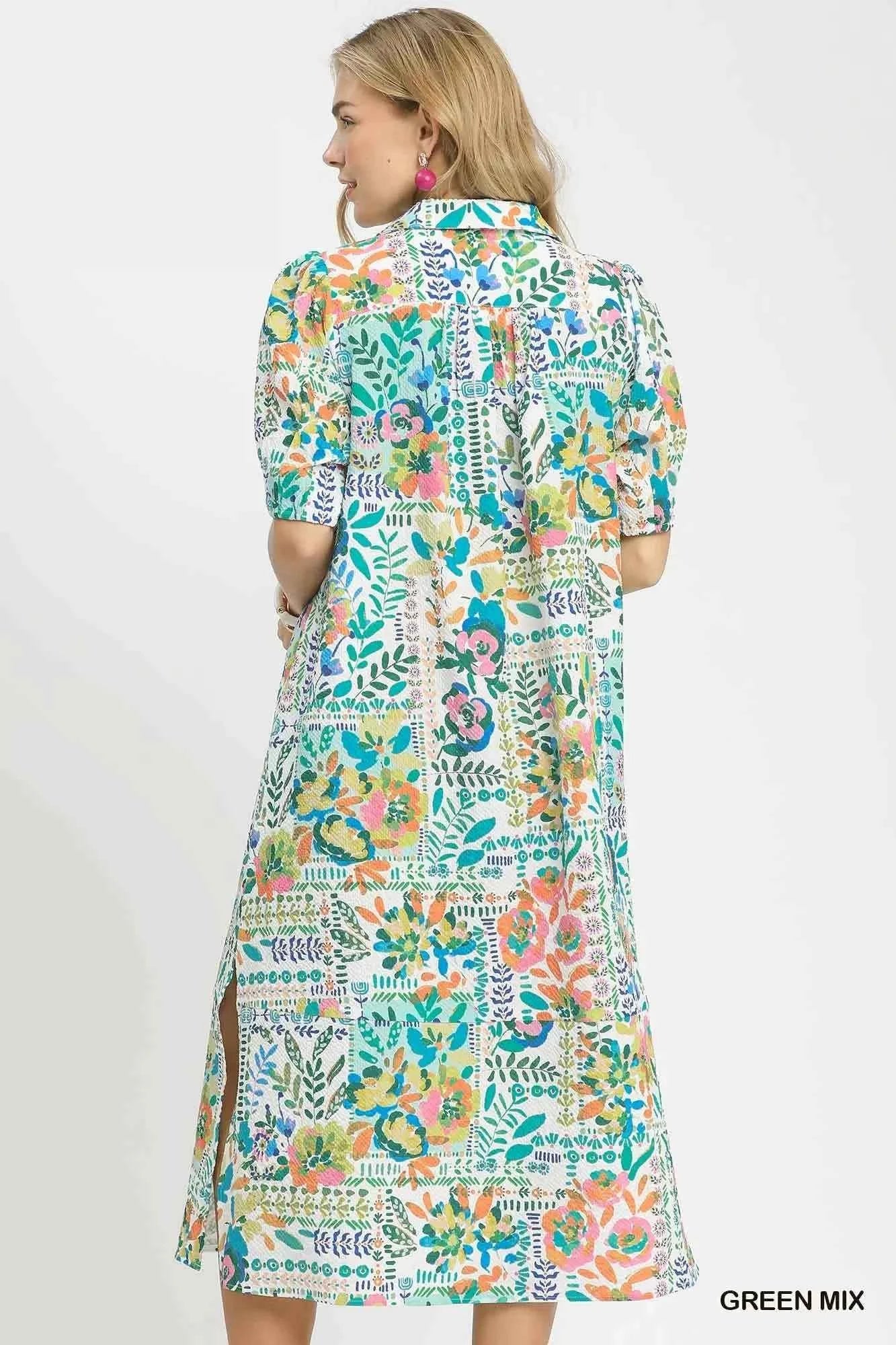 Umgee Folk Print Midi Dress with Side Pockets