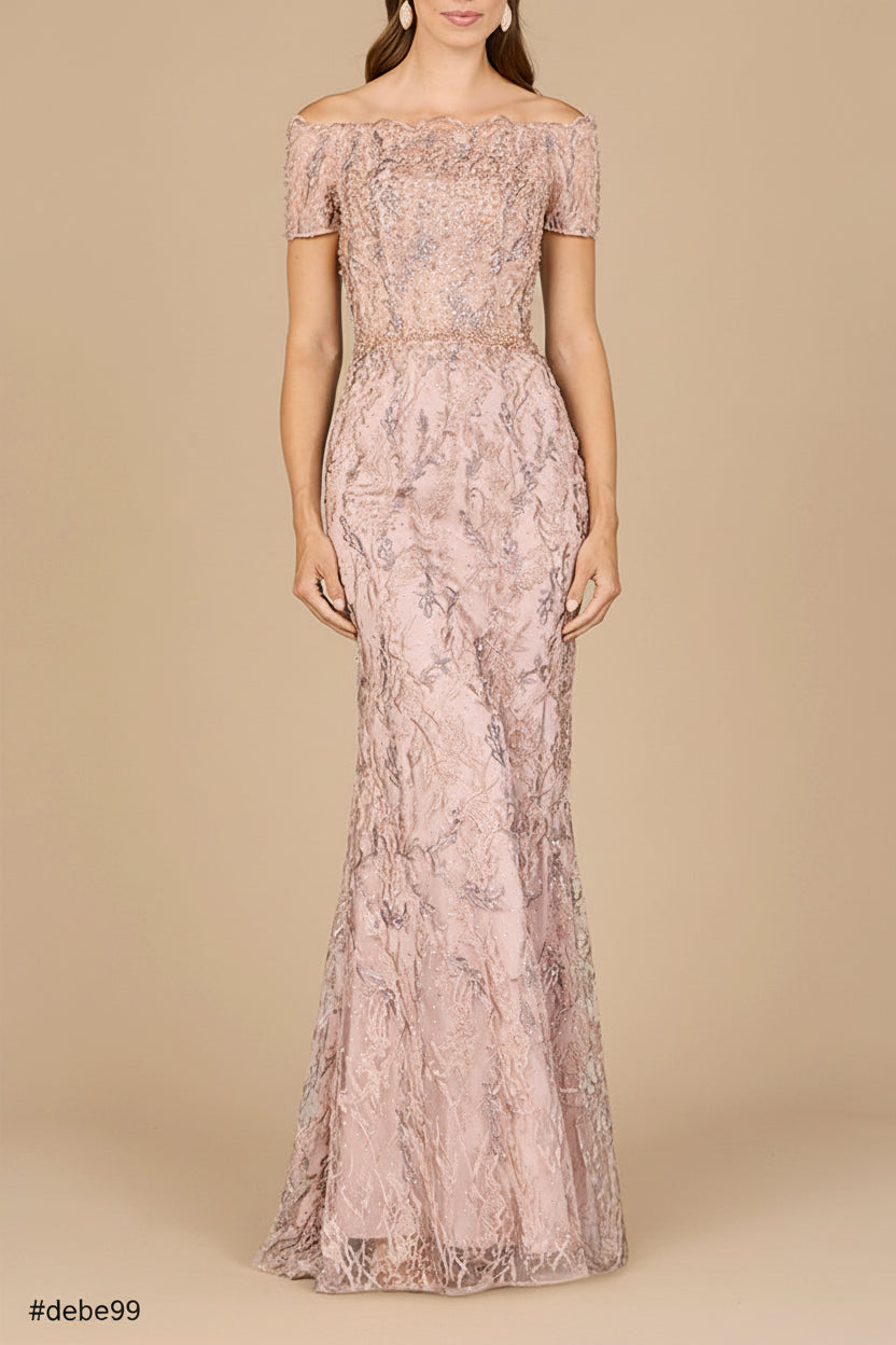 Off Shoulder Mermaid Gown with Short Sleeves - JUSTLUXURY