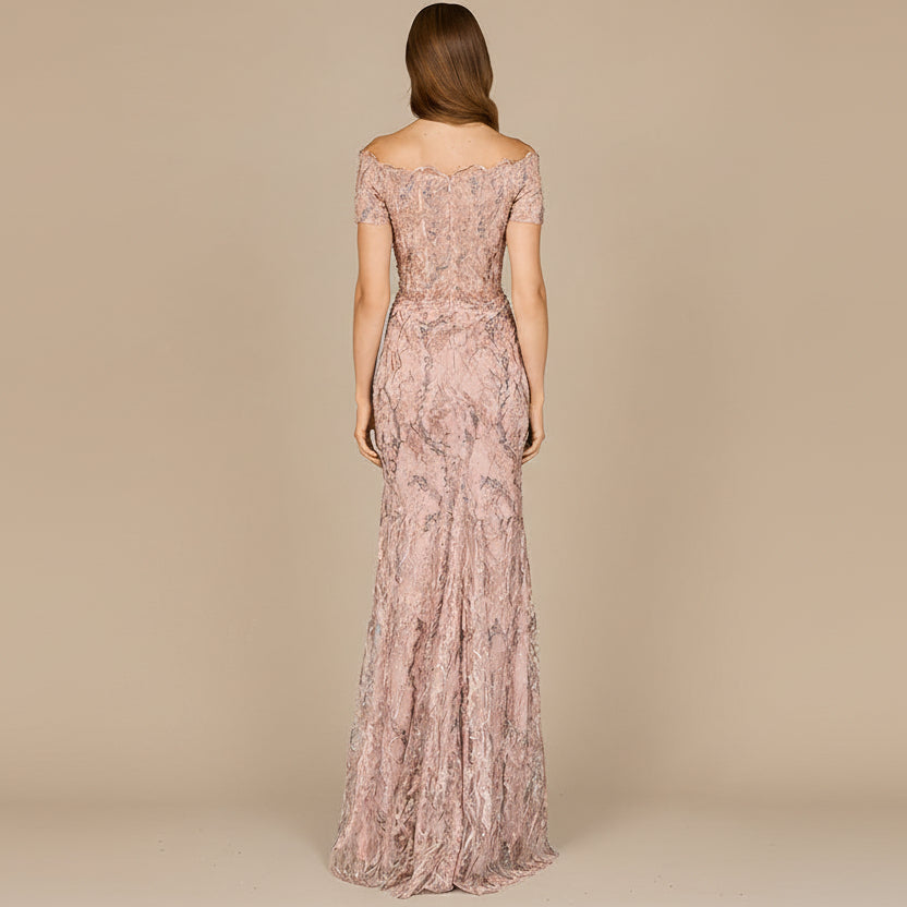 Off Shoulder Mermaid Gown with Short Sleeves - JUSTLUXURY