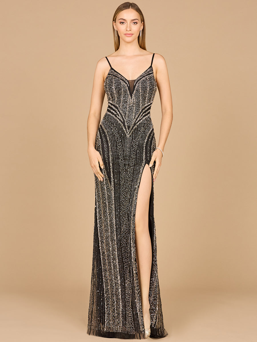 Spaghetti Strap Beaded Gown with Slit - JUSTLUXURY