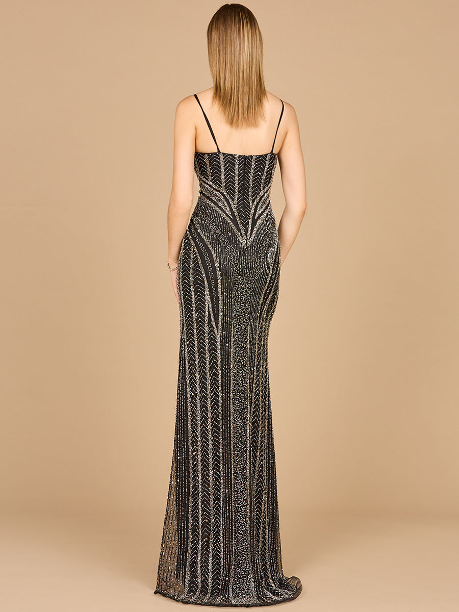 Spaghetti Strap Beaded Gown with Slit - JUSTLUXURY