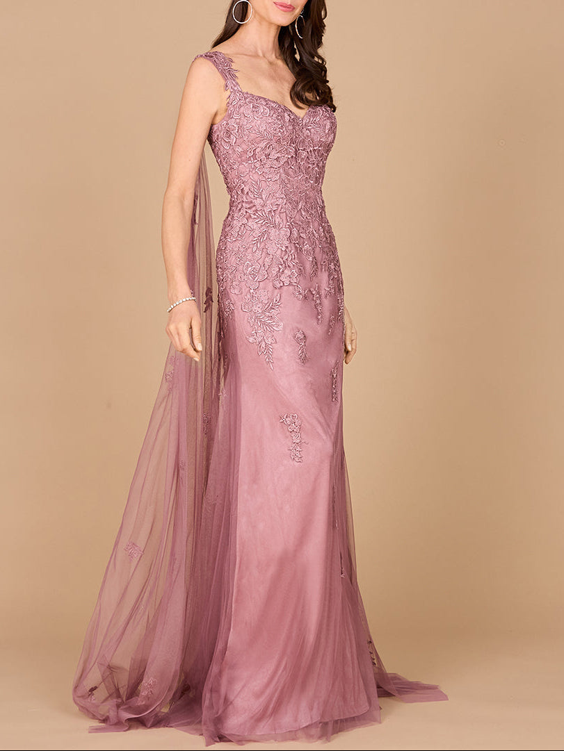 Embroidered Lace Gown with Flowing Capes - JUSTLUXURY