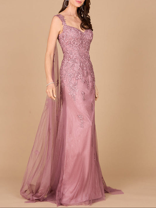 Embroidered Lace Gown with Flowing Capes - JUSTLUXURY