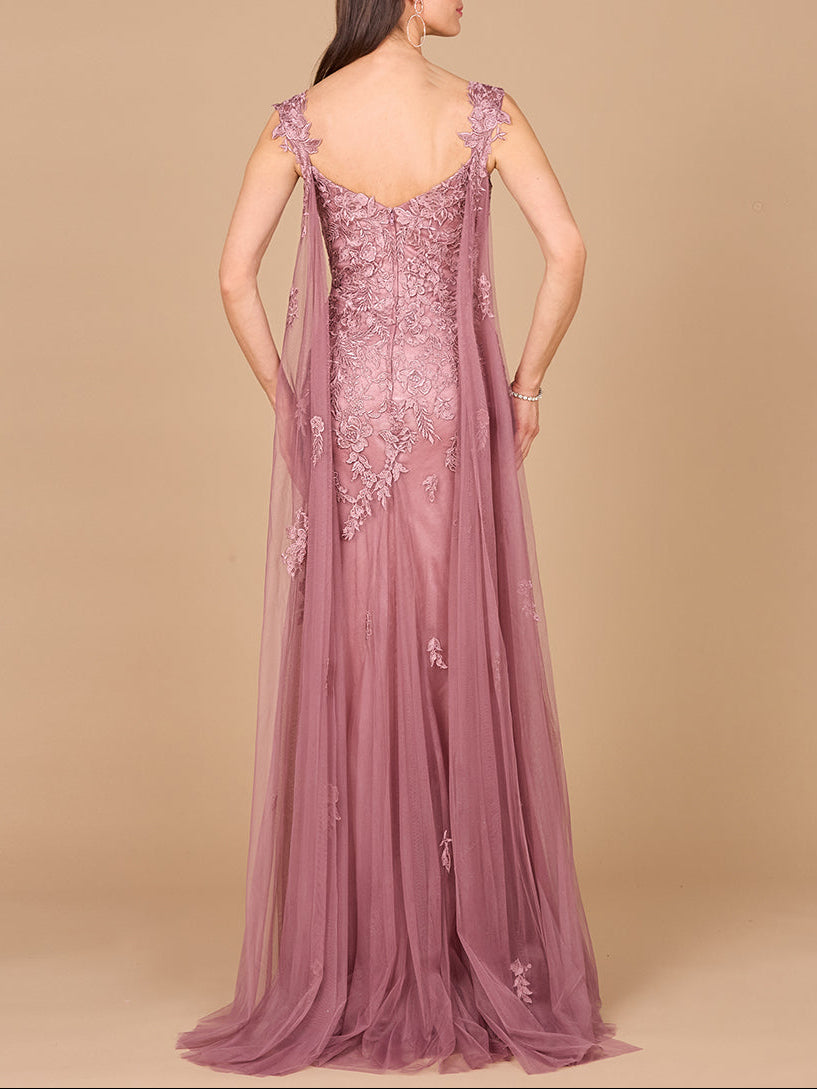 Embroidered Lace Gown with Flowing Capes - JUSTLUXURY