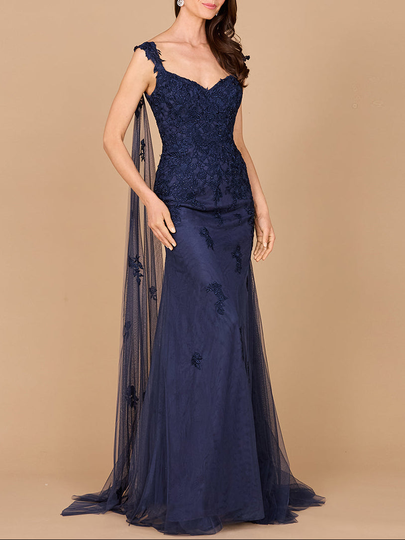 Embroidered Lace Gown with Flowing Capes - JUSTLUXURY