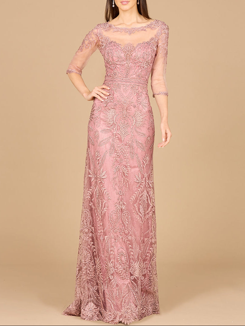 Detachable Half Sleeve Lace Sheath Gown - JUSTLUXURY