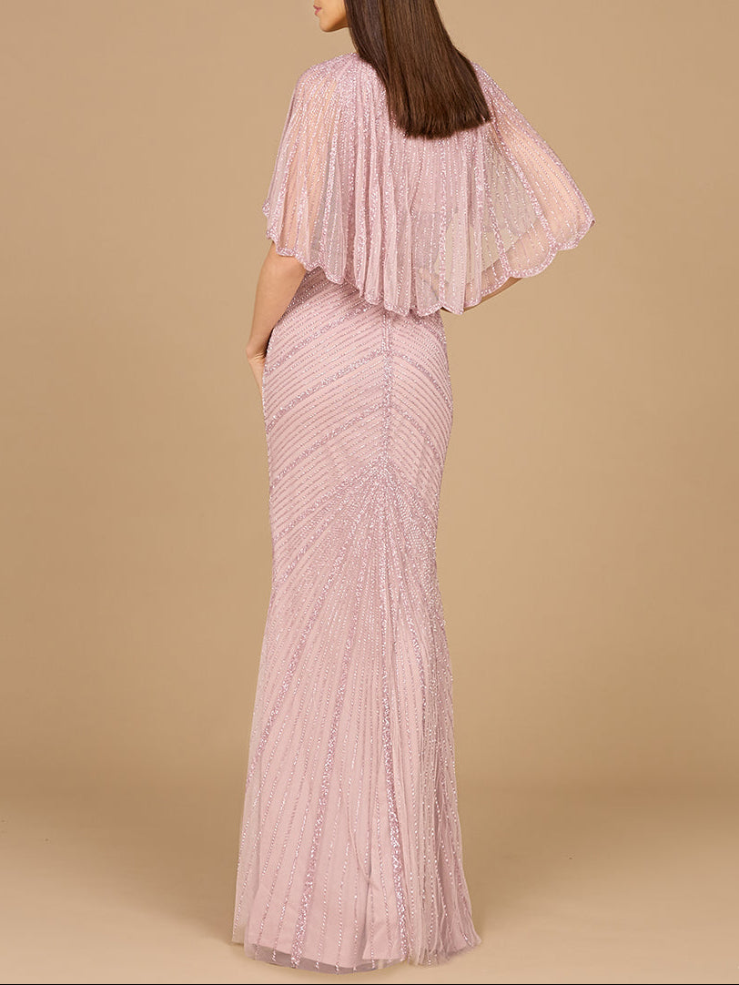 Cape Sleeve Beaded Gown - JUSTLUXURY