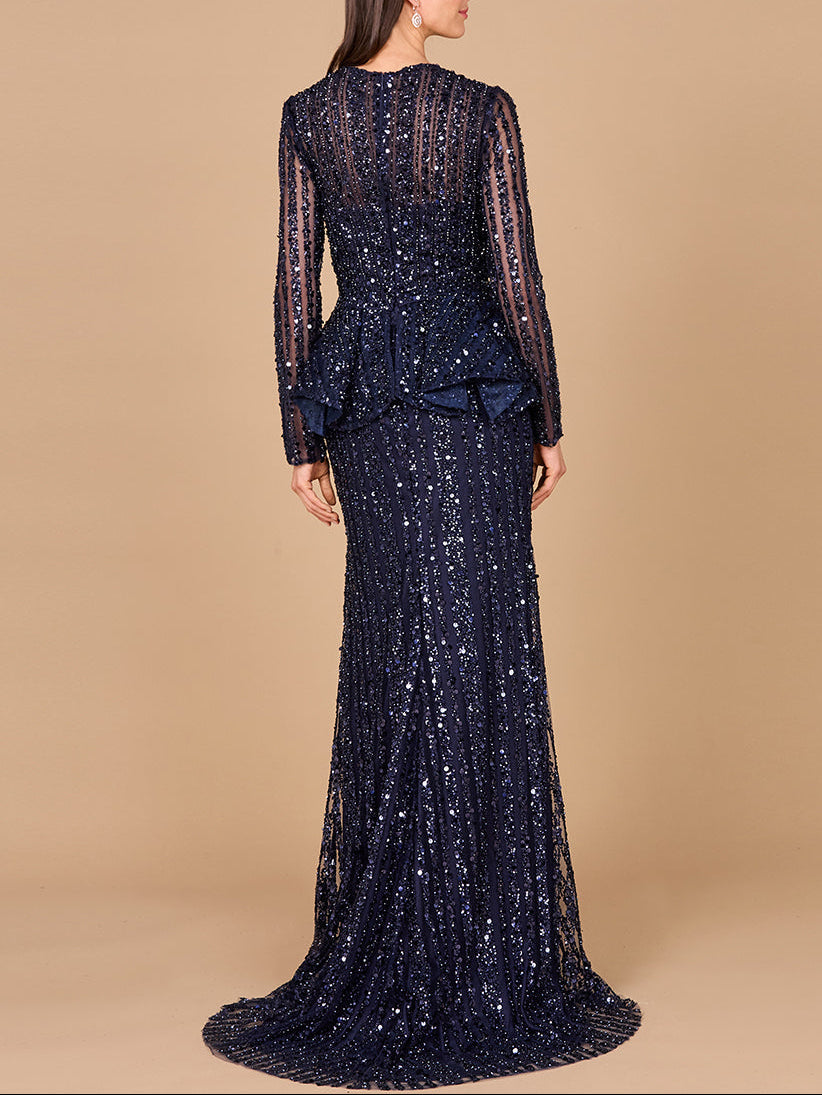 Long Sleeve Beaded Peplum Dress - JUSTLUXURY