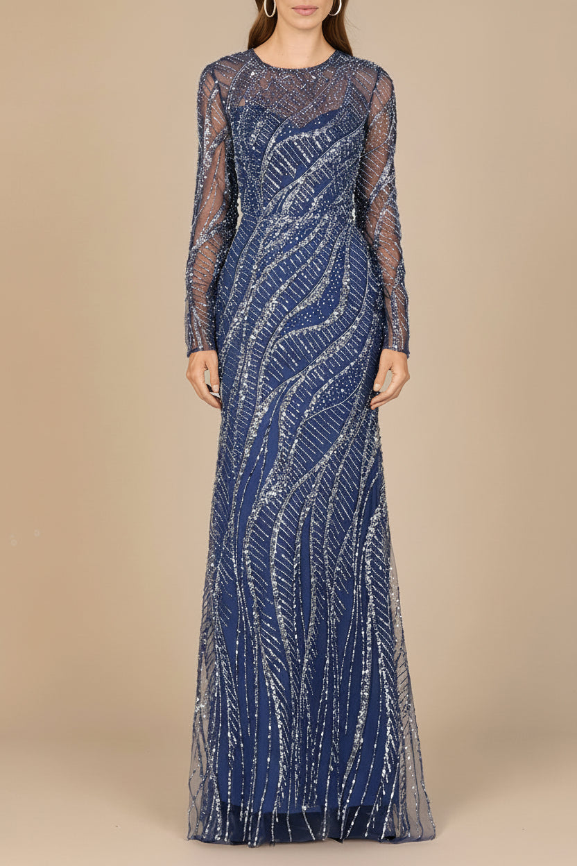 Long Sleeve Sheath Gown with Silver Beads - JUSTLUXURY