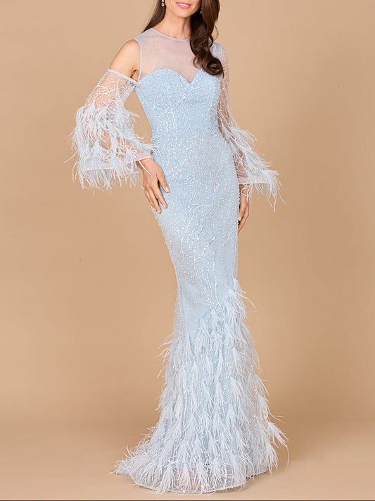 Cold Shoulder Mermaid Lace Gown with Feathers - OUTLET - JUSTLUXURY