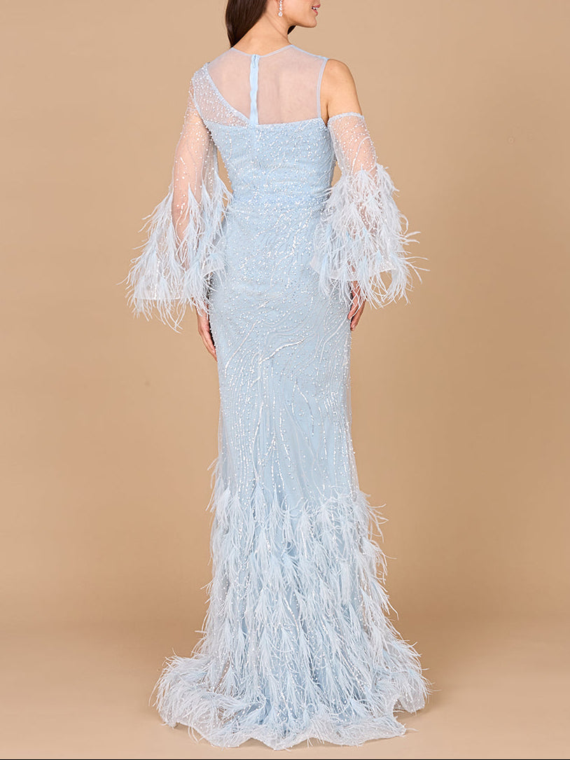 Cold Shoulder Mermaid Lace Gown with Feathers - OUTLET - JUSTLUXURY