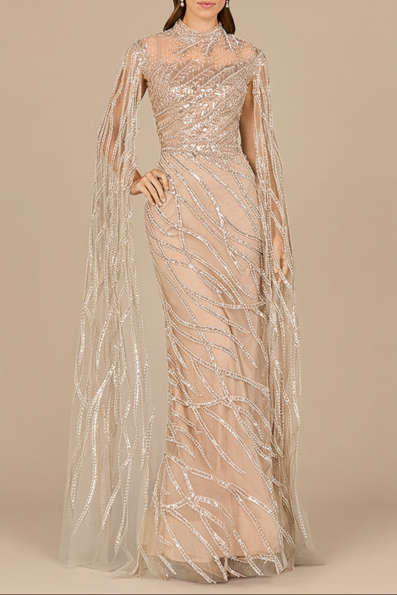 High Neck Gown with Long Cape Sleeves - JUSTLUXURY