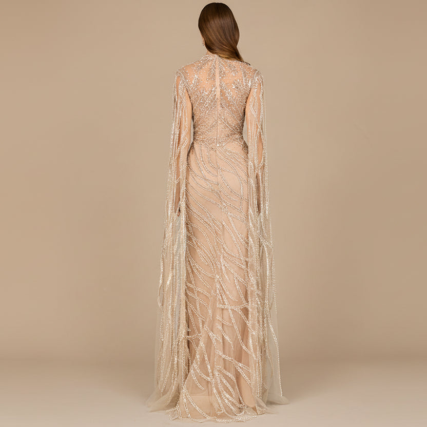 High Neck Gown with Long Cape Sleeves - JUSTLUXURY