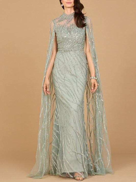 High Neck Gown with Long Cape Sleeves - JUSTLUXURY