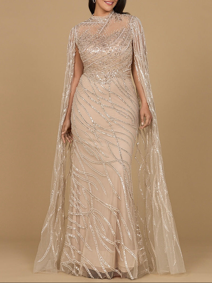High Neck Gown with Long Cape Sleeves - JUSTLUXURY
