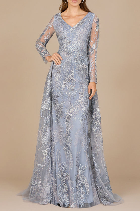 Lace Long Sleeve Gown with Overskirt - JUSTLUXURY