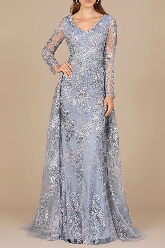 Lace Long Sleeve Gown with Overskirt - JUSTLUXURY