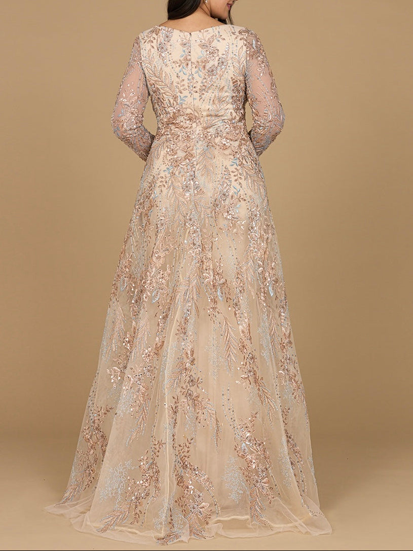 Lace Long Sleeve Gown with Overskirt - JUSTLUXURY
