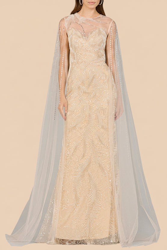 Long Cape Beaded Gown - JUSTLUXURY