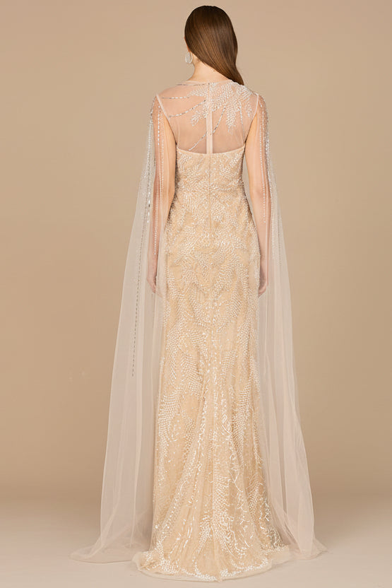 Long Cape Beaded Gown - JUSTLUXURY