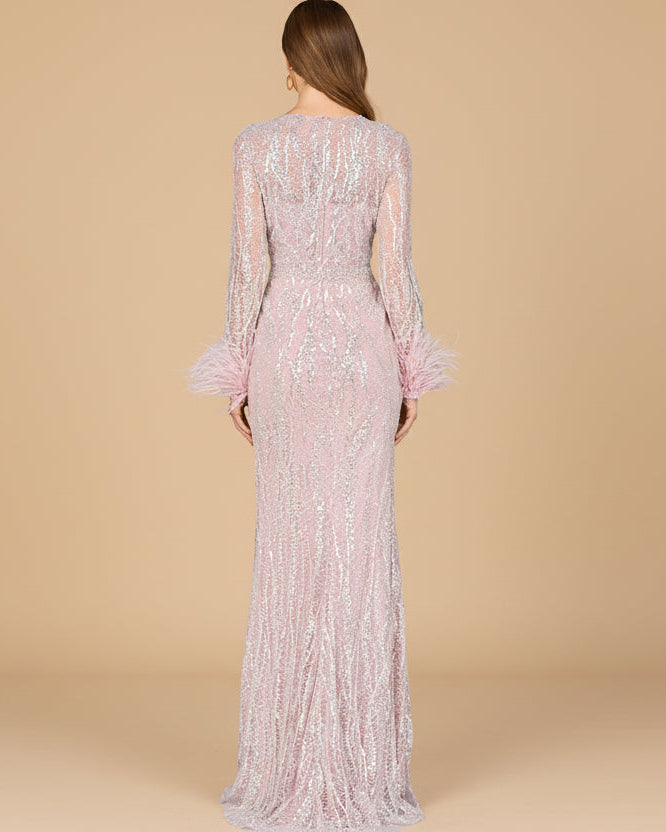 Long Sleeve Sheath Gown with Feathers - JUSTLUXURY