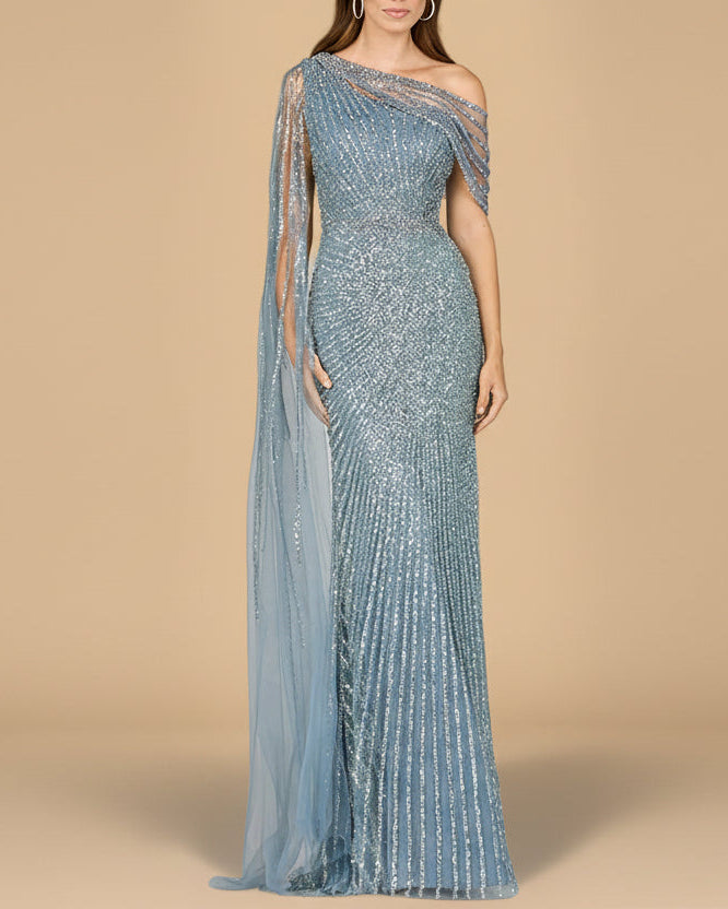 One Shoulder Fitted Gown with Cape Sleeve | Lara 29051 - JUSTLUXURY