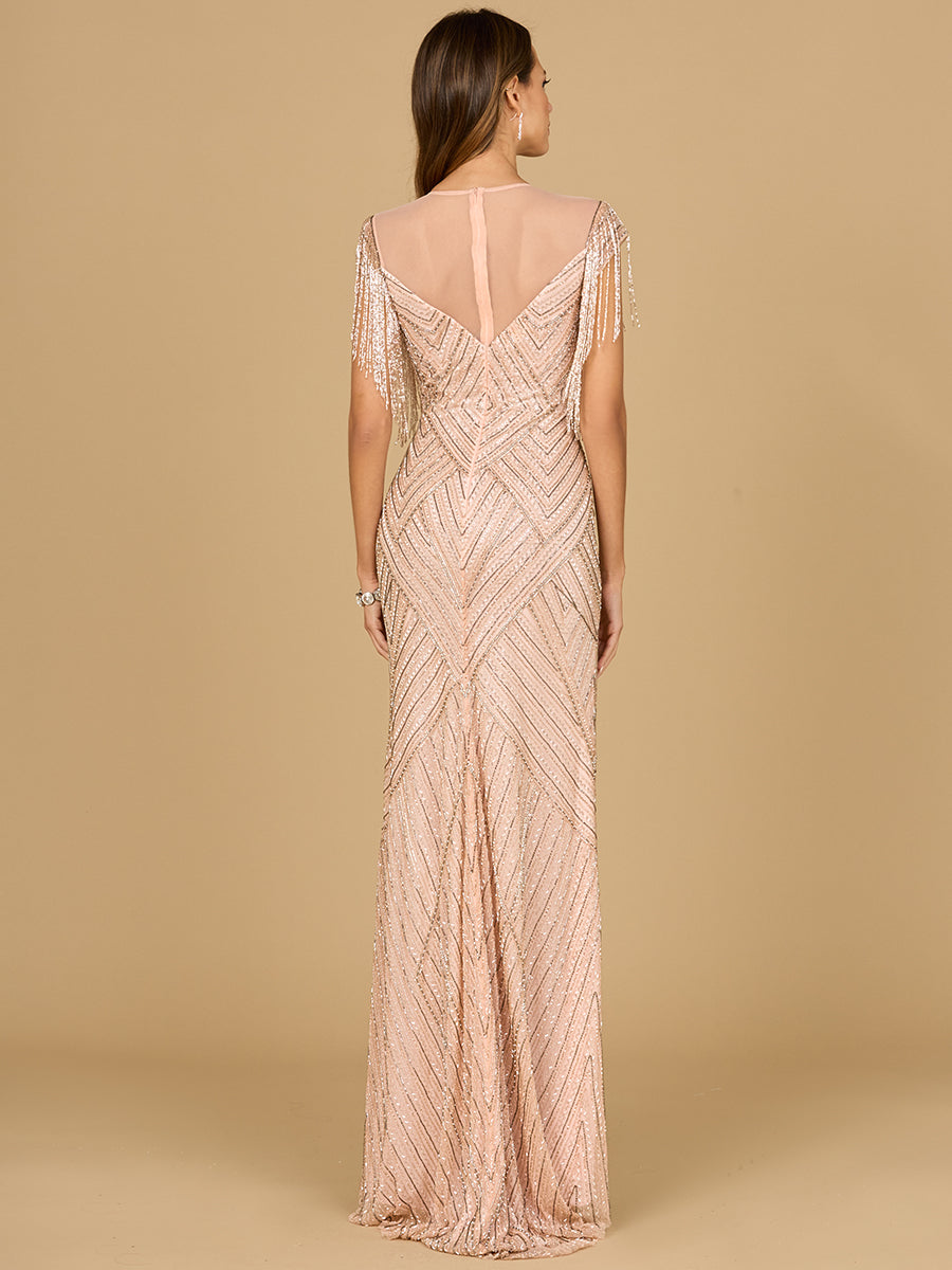 Beaded Fringe Illusion Dress with Cap Sleeves - JUSTLUXURY