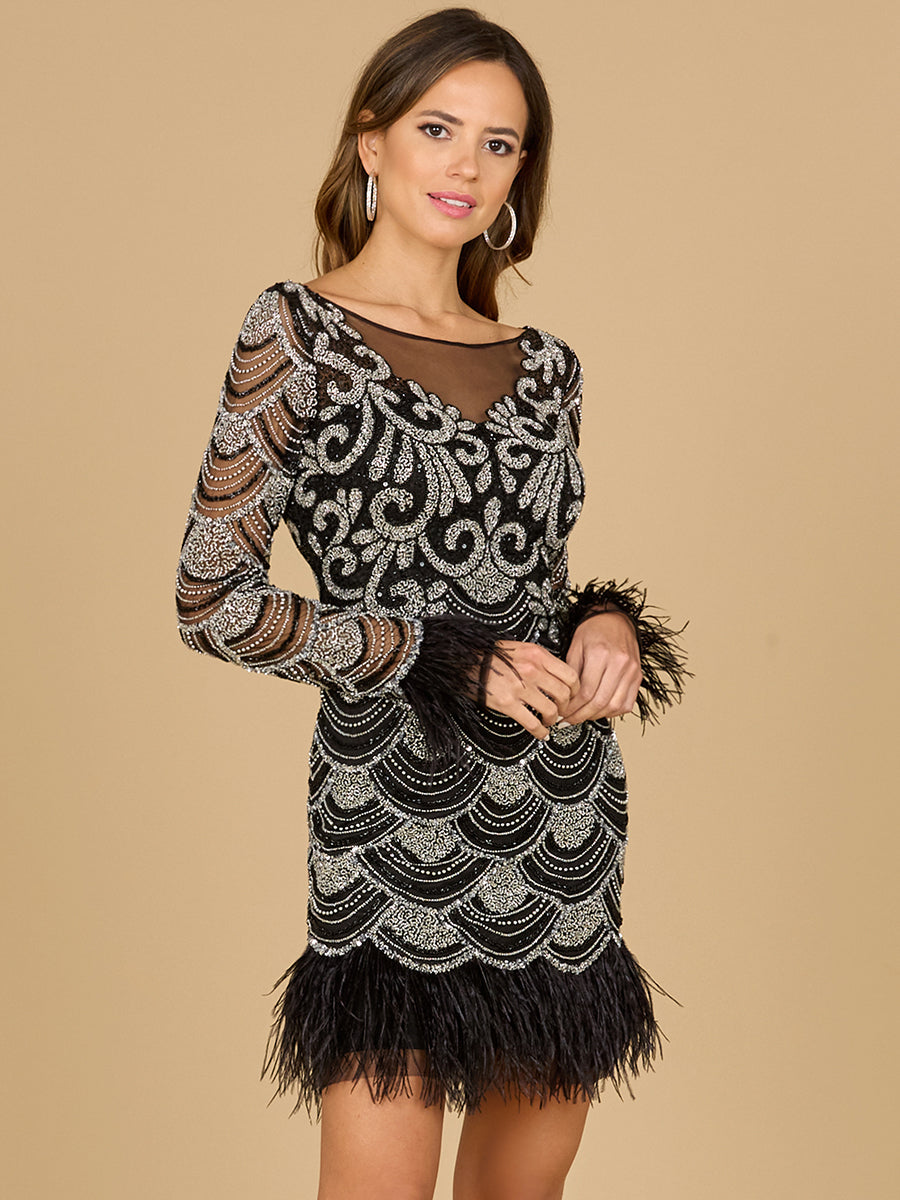 Beaded Short Dress with Feathers and Sleeves - JUSTLUXURY