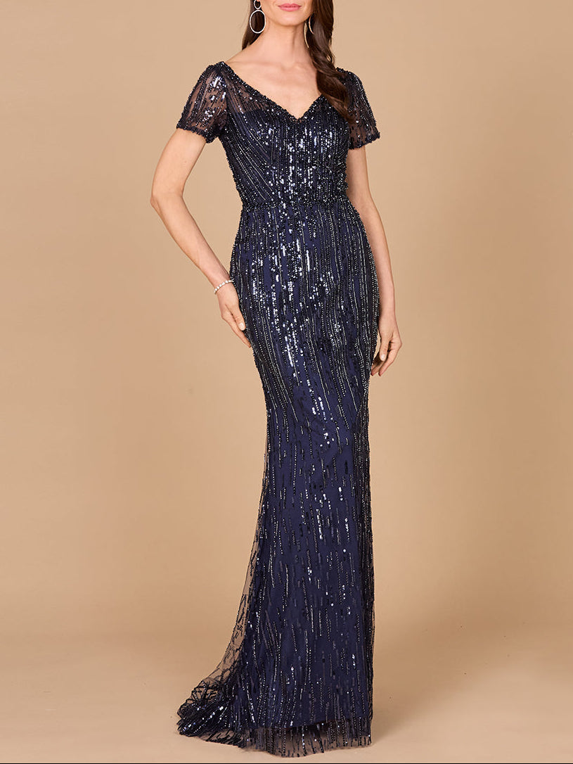 Short Sleeve, Beaded Mermaid Gown - JUSTLUXURY